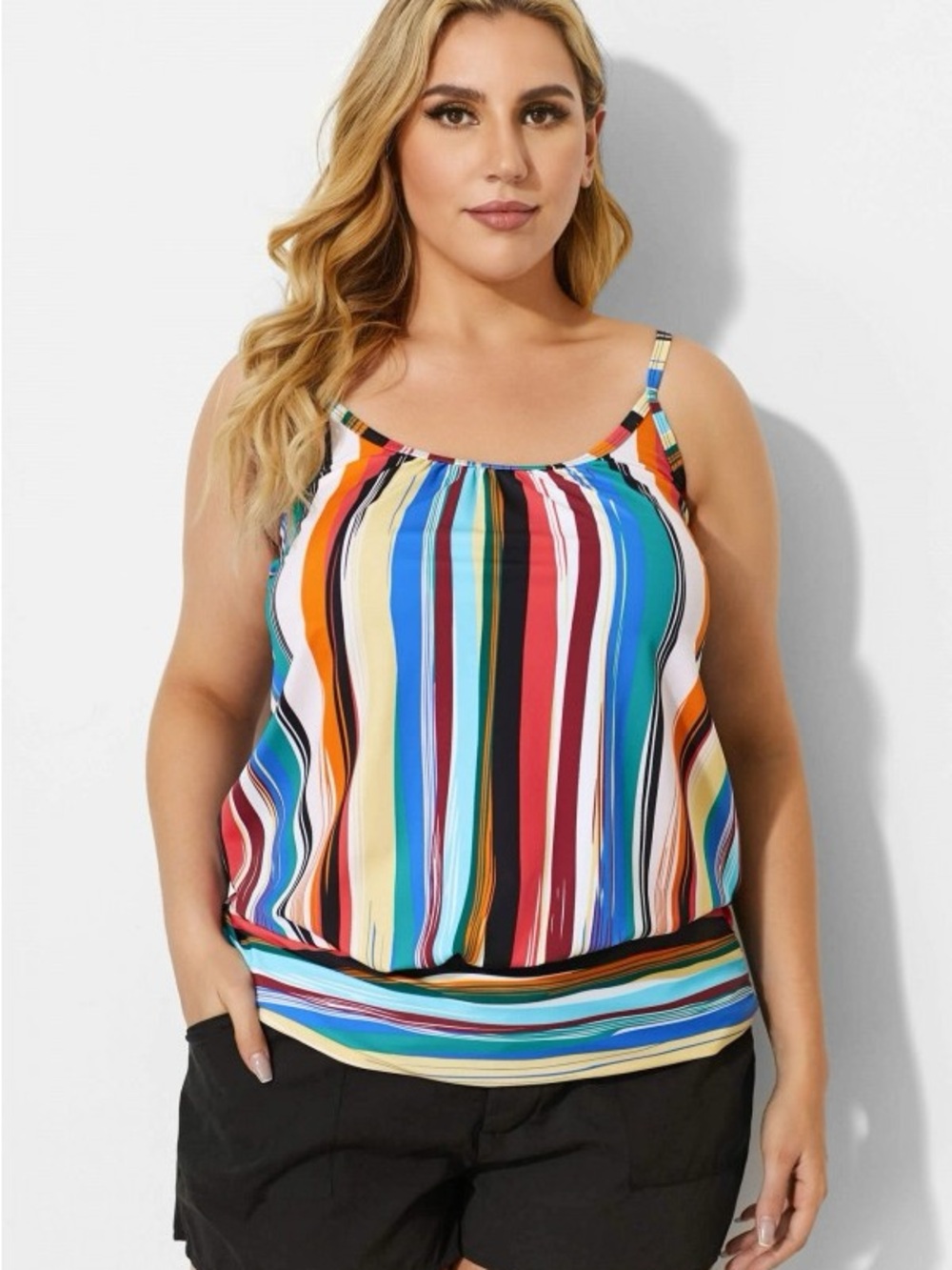 Meet.Curve Technicolor Draped Blouson Tankini Top 2XL NWT